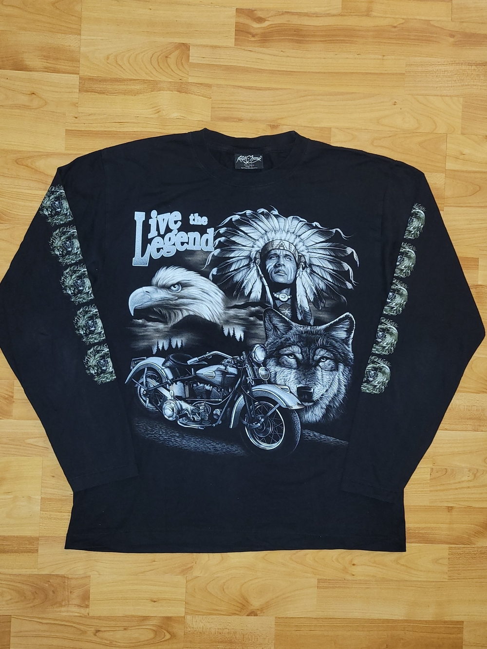 Rock Chang Large Eagle Wolf Indian Native Spirit Biker Double sided Longsleeve
